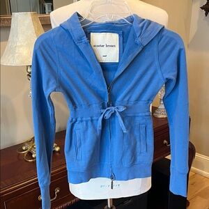 Jacket Hooded Zip Cinched Drawstring Waist Blue Knit
